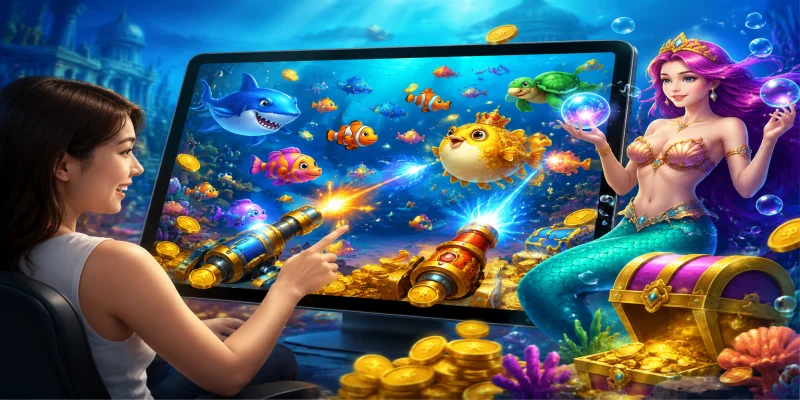 Giao diện sảnh game bắn cá nhân ngư đầy màu sắc với đồ họa đại dương 3D sống động tại nhà cái TA88.