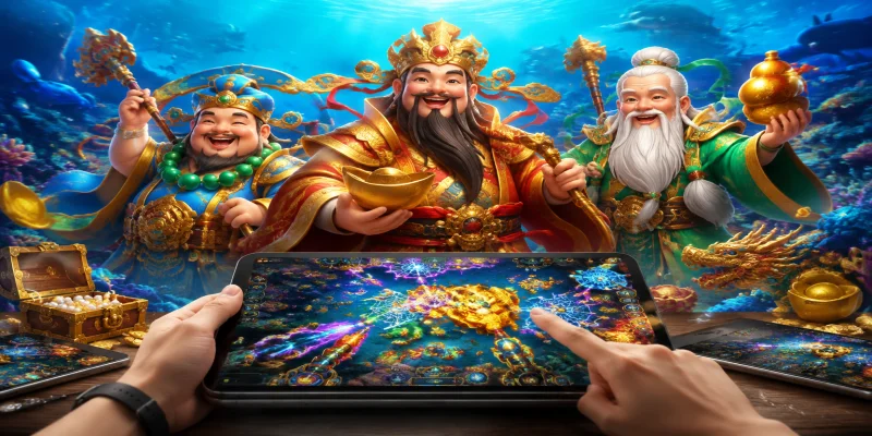 Giao diện sảnh game tam tiên bắn cá với đồ họa 3D sống động và hệ thống sinh vật biển đa dạng tại TA88
